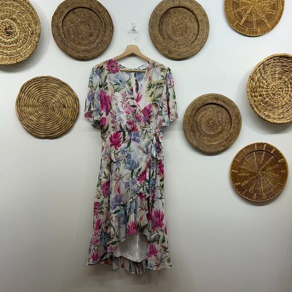 Calvin Klein White Pink Ruffle Faux Wrap Side Tie Floral Above Knee Mini Dress 8 - Picture 1 of 8